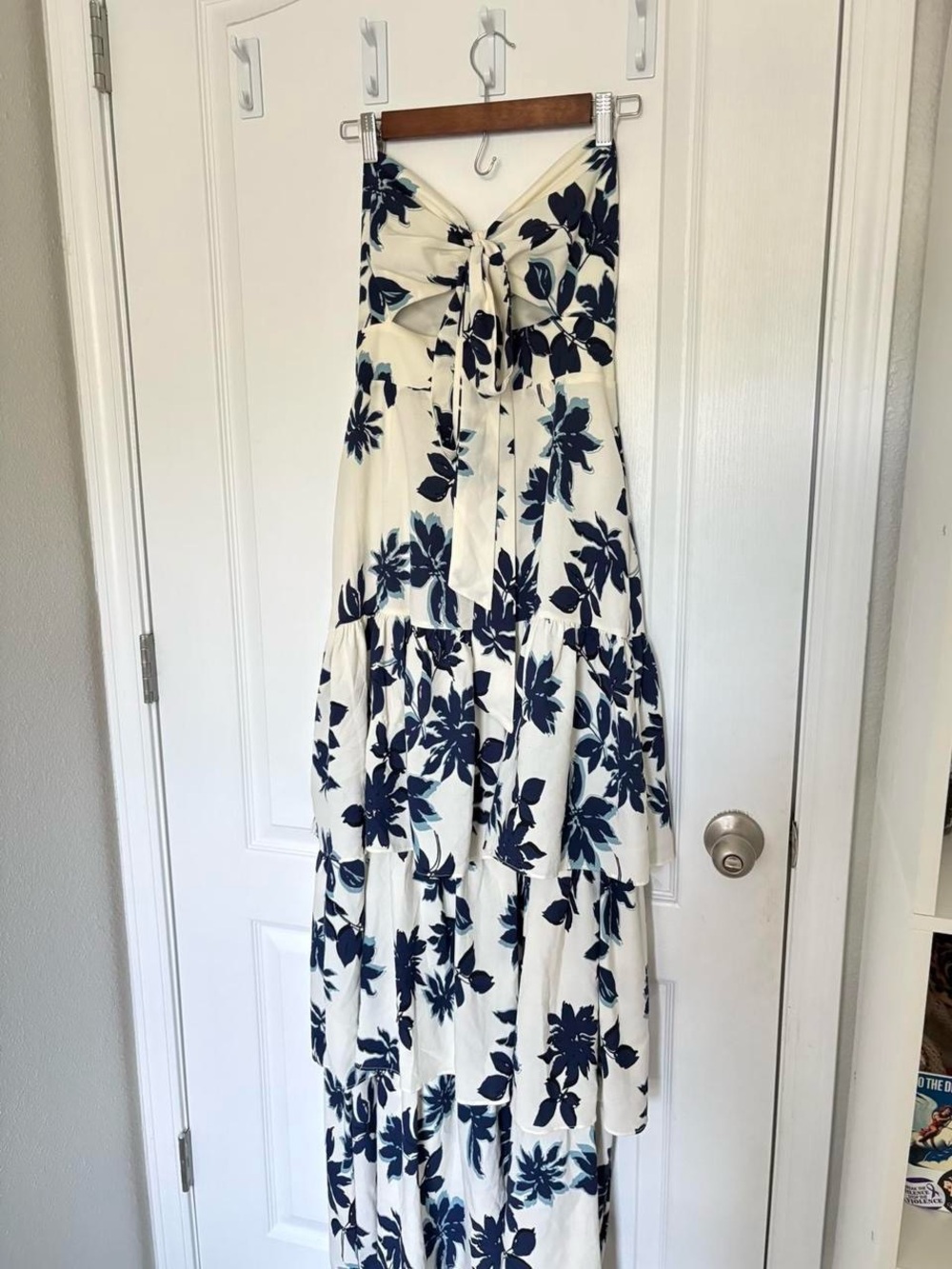 Fashion Nova Strapless Floral Tiered Maxi Dress in Ivory and Navy Blue